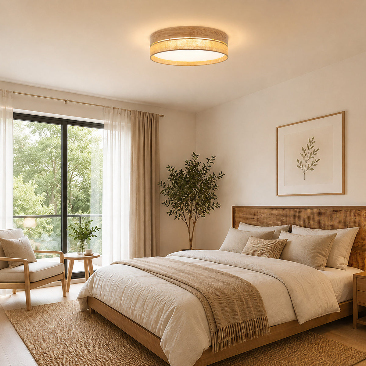 Plafonieră Dorma cu abajur din iută, lemn deschis, Diametru 600 mm