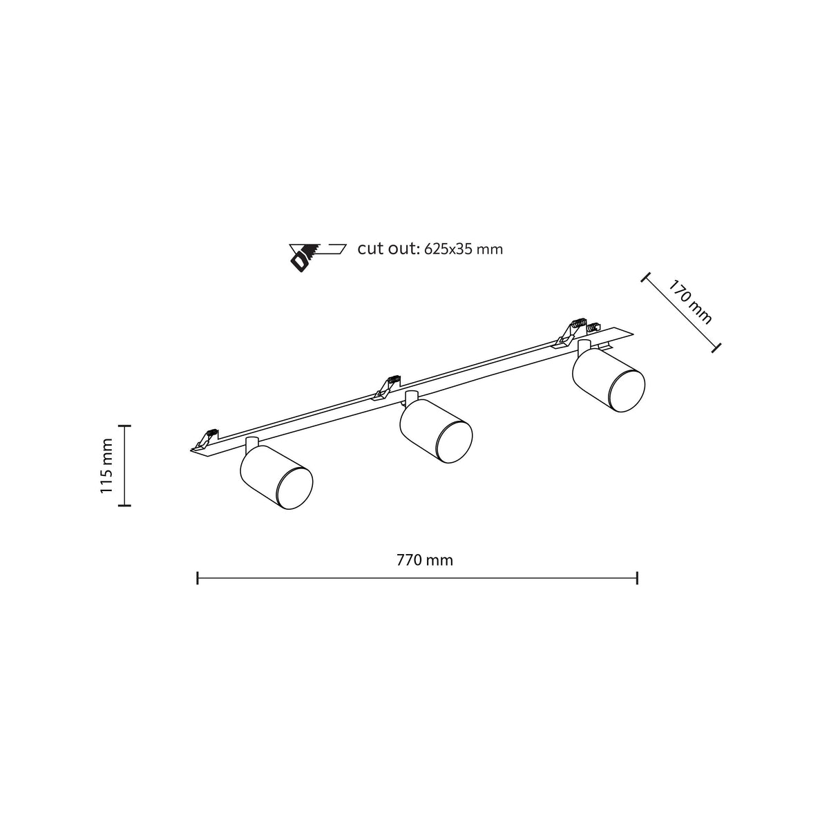 Plafonieră Nex încastrată din metal, negru, 3 becuri